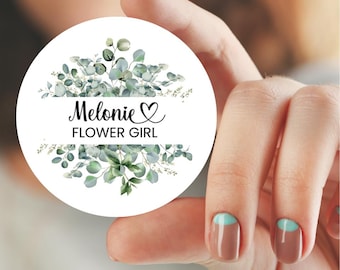 Flower Girl BADGE Pin. Eucalyptus Watercolour Size 3 INCHES