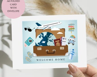 Welcome Home Card: Travel Theme, Blank Inside, A6 Size