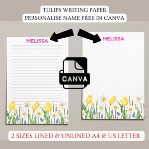 Papel de escritura sencillo con nombre, tulipanes y flores (tamaño A4 y tamaño carta) / Papelería / Descarga digital / Impresión instantánea