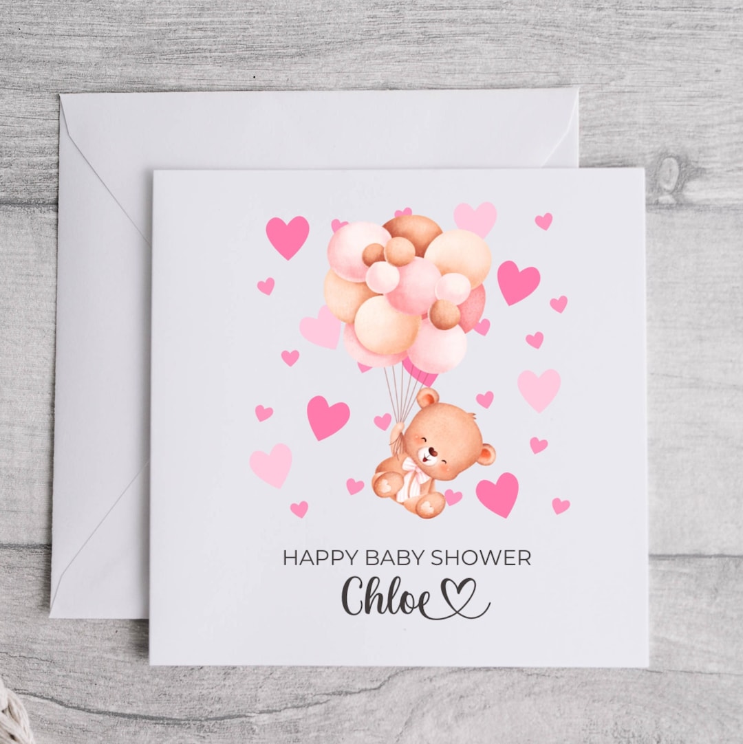 Personalized Baby Shower Card, Teddy Bear Balloons