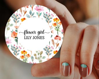 Flower Girl Personalised Floral BADGE Pin. Size 3 INCHES