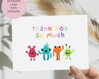 KIDS Thank You So Much Card. A6 Happy Monsters Folded Appreciation Card.