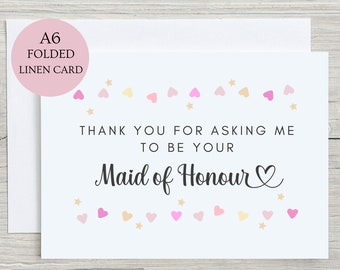 Thank You For Asking Me To Be Your Maid Honour Card. Multi Coloured Hearts A6 Folded Linen Card.