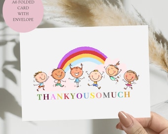 KIDS Thank You Card. A6 Children Party Gift Multi Coloured Text Folded Appreciation Card.