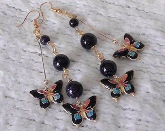 Montage earrings with cloisonné butterflies and Cairo Night pearls. Earrings with open hook