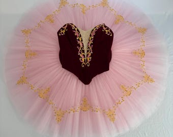 Professional Ballet Tutu in Burgundy Velvet and Pink Tulle