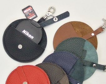 Leather lens cap holder with SD memory card slot, handmade camera, Father's Day, handmade, leather, camera, photograph