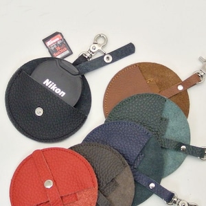 Leather lens cap holder with SD memory card space, handmade camera, Father's Day, handmade, leather, camera, taking photos