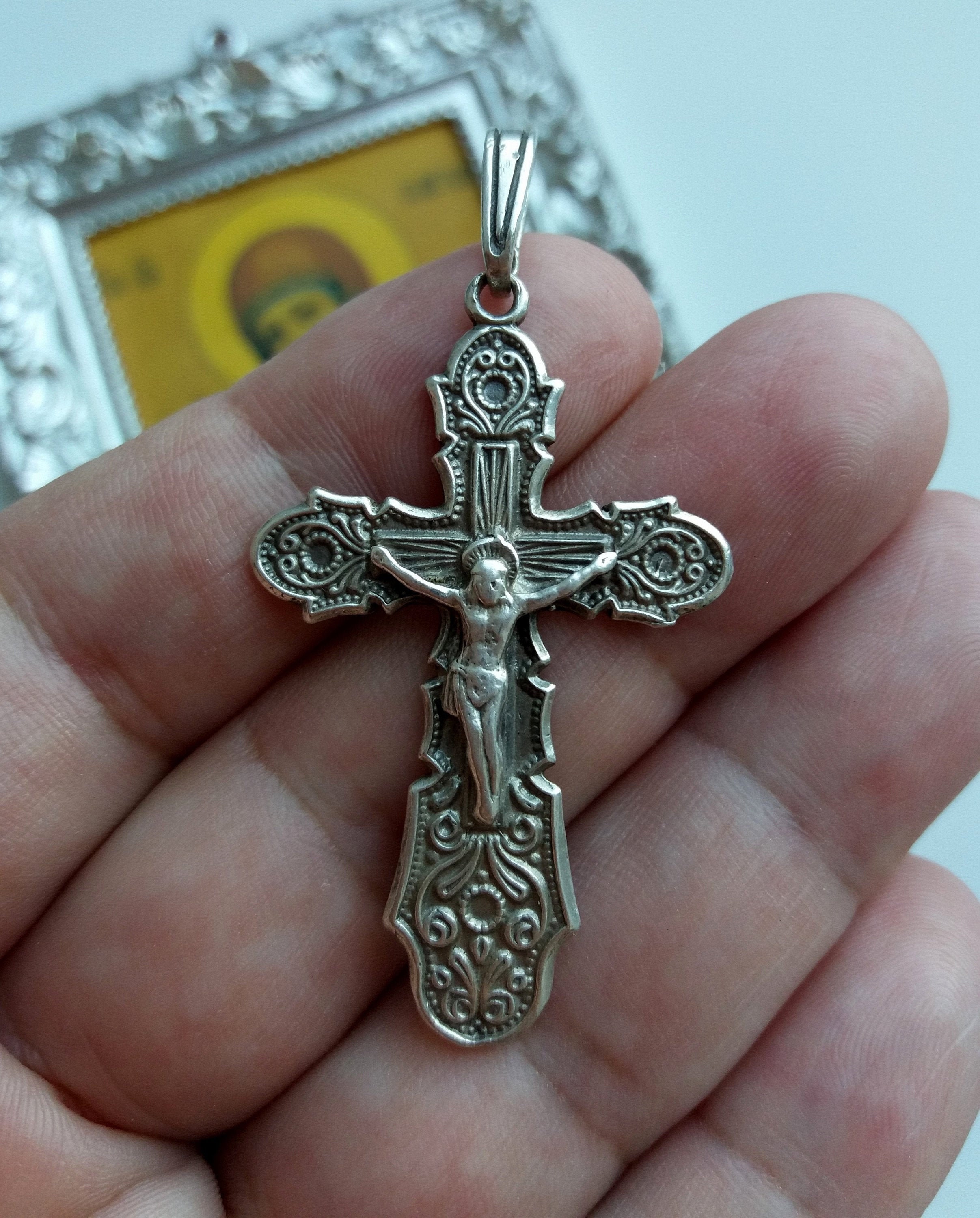 Colgante Cruz Ortodoxa Rusa En Plata De Ley 925 - Con Circonitas, 40 Mm, Ideal Para Bautismo O Regalo