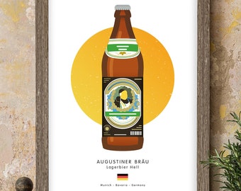 May include: A framed print of a beer bottle with a yellow circle behind it. The label reads "Augustiner Bräu Lagerbier Hell" and "Munich - Bavaria - Germany". The German flag is also included.