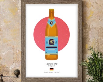 May include: A framed print of a beer bottle with a red circle behind it. The bottle is labeled "Löwenbräu Original" and "Munich - Bavaria - Germany".