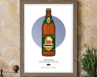 May include: A framed print of a beer bottle with a green label that says "GEISINGER Untergiesinger Erhellung" and a German flag. The text below the label says "Munich - Bavaria - Germany".