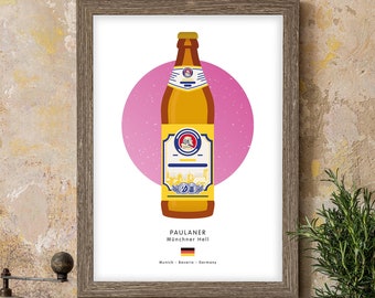 May include: A framed illustration of a bottle of Paulaner Münchner Hell beer. The bottle is yellow with a white label and a pink circle behind it. The text on the label reads "Paulaner Münchner Hell" and "Munich - Bavaria - Germany".