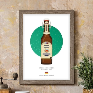 May include: A framed print of a beer bottle with a green circle behind it. The label reads "Hacker Pschorr Münchner Hell" with a German flag and the text "Munich - Bavaria - Germany".
