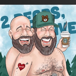 2 Bären 1 Höhlen-Karikatur, 20x10 Digitaldruck, Lustige Fan Art Zeichnung, Übertriebene Komiker, Podcast Wanddeko, Tom Segura, Bert Kreischer