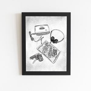8x10 Honeybun, Keys, Walkman Digital Art Print, Black & White Pencil Illustration, American Standard Motel Series