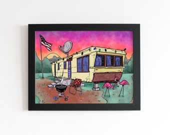 12x16 Fun Trailer Art Print, Camper Wall Decor, Cartoon Illustration, Comic Sunset Picture