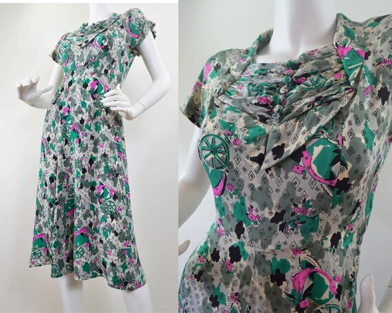 Dress 30's 40's Rare Novelty Print Rayon Silk XS S