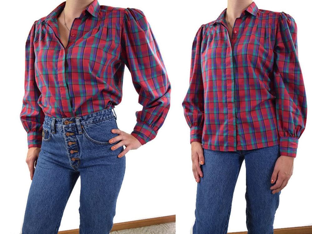 Levi's Plaid Shirt Vintage M Women's Puff Sleeve 80's 90's