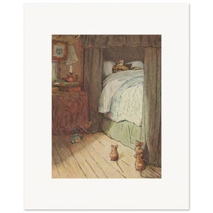 May include: An illustration depicts a cat sleeping in a bed with a canopy, while several mice cautiously approach. The scene is set in a room with a nightstand, a framed picture, and a wooden floor. The artwork has a vintage, storybook feel.