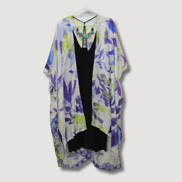 Kimono Cardigan, Purple Periwinkle Kimono Duster, Watercolor Floral Print, Beach Kimono, Coverup, Bohemian Summer Dress for Women