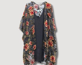 Velvet Burnout Kimono Cardigan with Rose Flower and Leaf Pattern