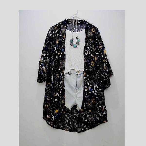 Womens Beach Blouses Kimono Cardigan Long Bikini Cover Up Black Galaxy