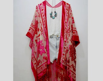 Red Velvet Burnout Floral Kimono