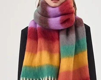 Cozy Mohair Winter Scarf Colorful Colorblock with Tassel