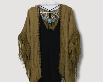 Olive Green Medallion Crochet Tassel Bohemian Kimono Cardigan Boho Gold Black Paisley Tassel Kimono Jacket Robe