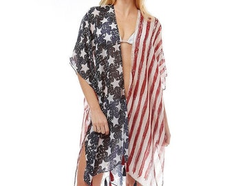 Women Kimono American Flag Beach Cover Up