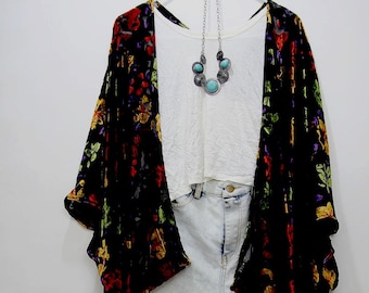 Fall Red Floral Velvet Burnout Floral Kimono