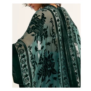 Hunter Green Velvet Burnout Floral Kimono