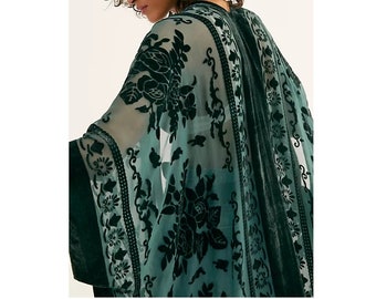 Hunter Green Velvet Burnout Floral Kimono