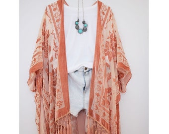 Kimono, Peach Velvet Burnout Tassel Floral Kimono Solid color, Summer Dress for Women, Holiday Dress,