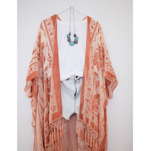 Kimono, Peach Velvet Burnout Tassel Floral Kimono Solid color, Summer Dress for Women, Holiday Dress,