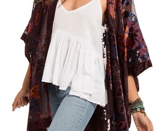 Plum Velvet Burnout Floral Kimono