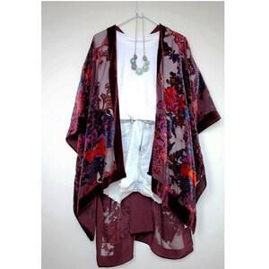 Velvet Burnout Black Floral Kimono Duster plum floral