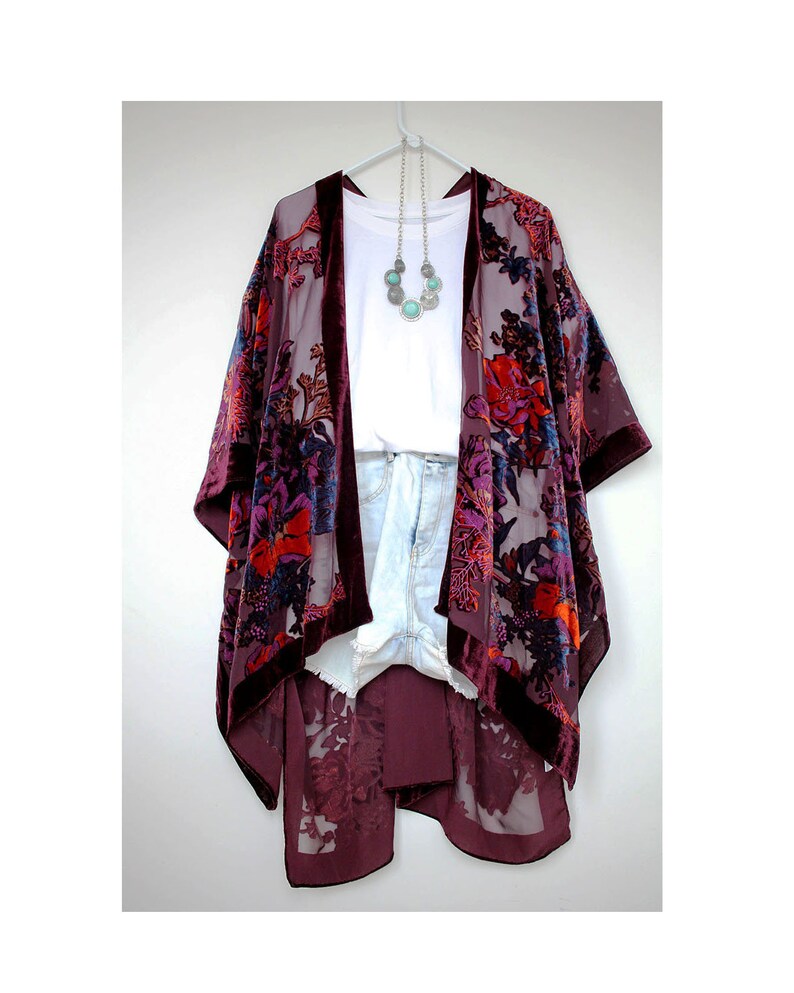 Velvet Burnout Black Floral Kimono Duster plum floral