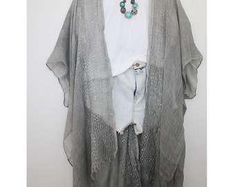 Kimono, Bohemian Sequin Silver Gray Kimono, Beautiful Flowy Soft, Summer Dress for Women, Holiday Dress,