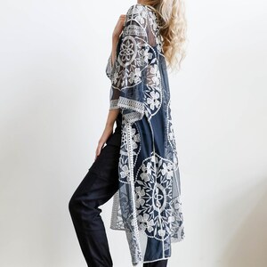 Velvet Burnout Black Floral Kimono Duster navy lace