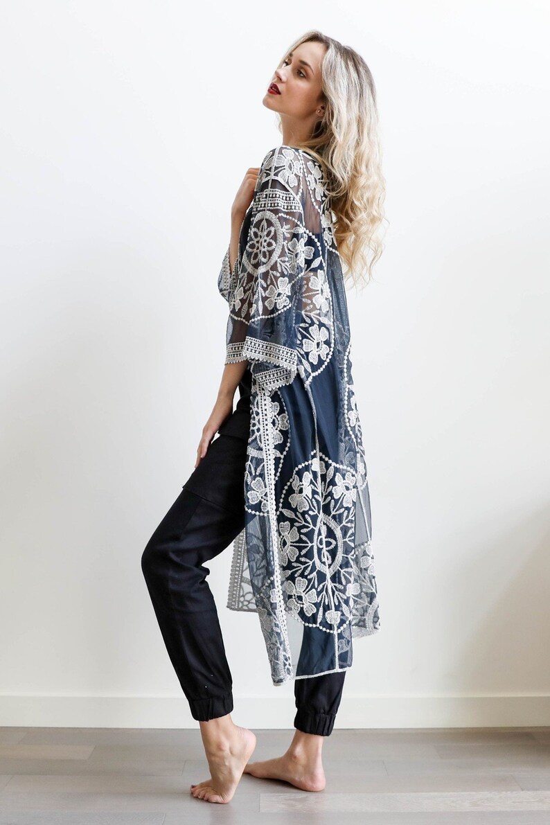 Velvet Burnout Black Floral Kimono Duster navy lace