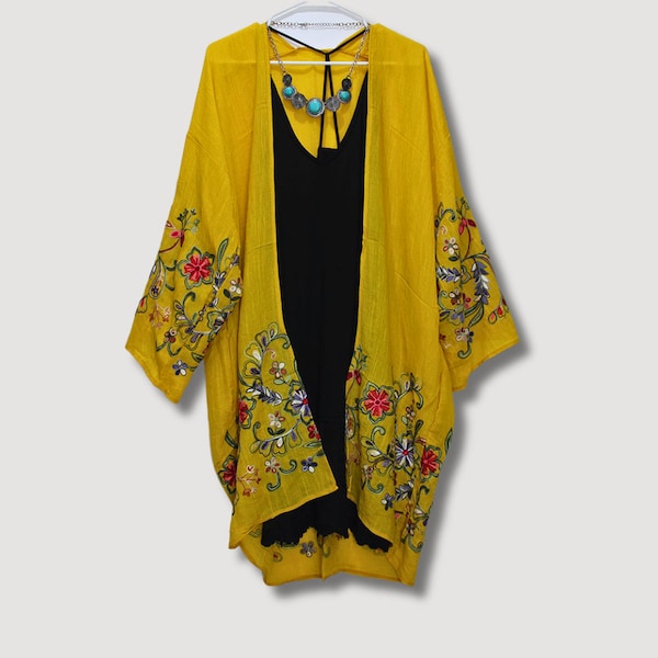 Long Sleeves Kimono Cardigan Bridesmaid Wedding Floral Embroidery Kimono Cardigan Floral Embroidered Yellow Color