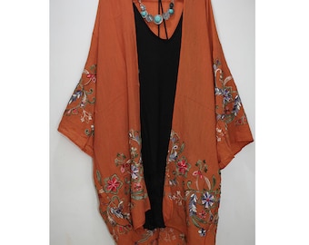 Kimono, Embroidered Bohemian Kimono, Printed Boho Top, Summer Dress for Women, Holiday Dress, Rust Orange Damask