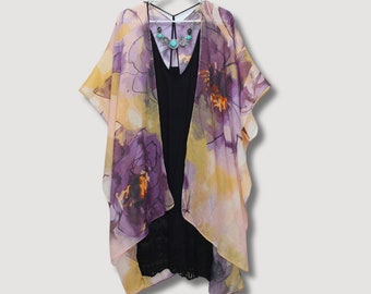 Kimono Cardigan, Purple Mauve Lightweight Kimono Duster, Watercolor Floral Print, Beach Kimono, Coverup, Bohemian Summer Dress for Women
