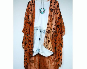 Kimono, Orange Floral Velvet Burnout Kimono Duster