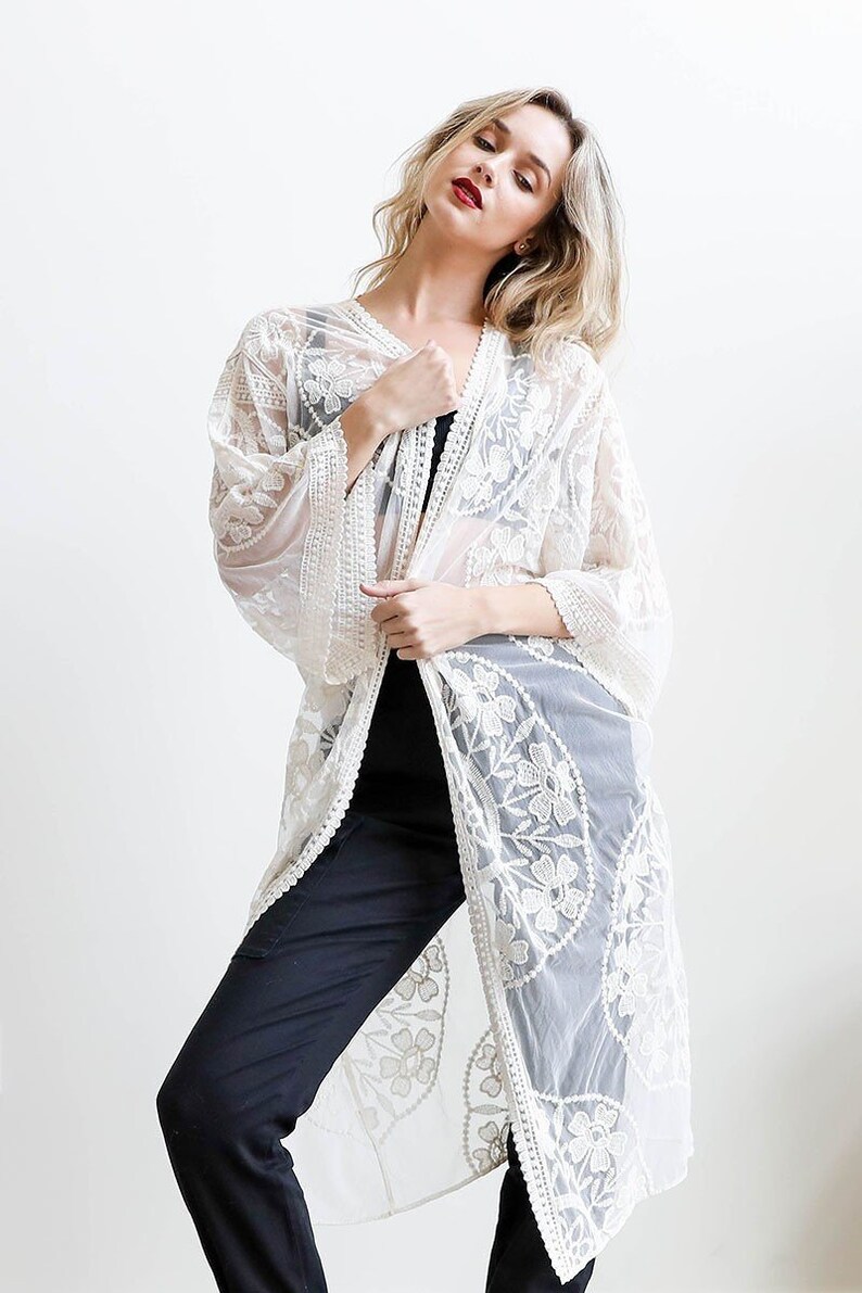 Velvet Burnout Black Floral Kimono Duster ivory lace