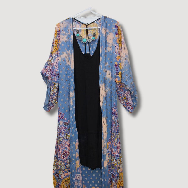 Blue Long Bohemian Kimono Cardigan Boho Flower Kimono Jacket Robe