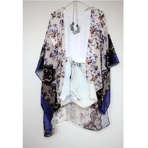 Velvet Burnout Black Floral Kimono Duster navy white floral