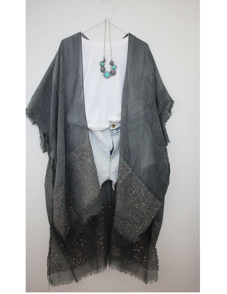 Kimono, Black Soft Kimono Solid color, Summer Dress for Women, Holiday Dress, charcoal sequins